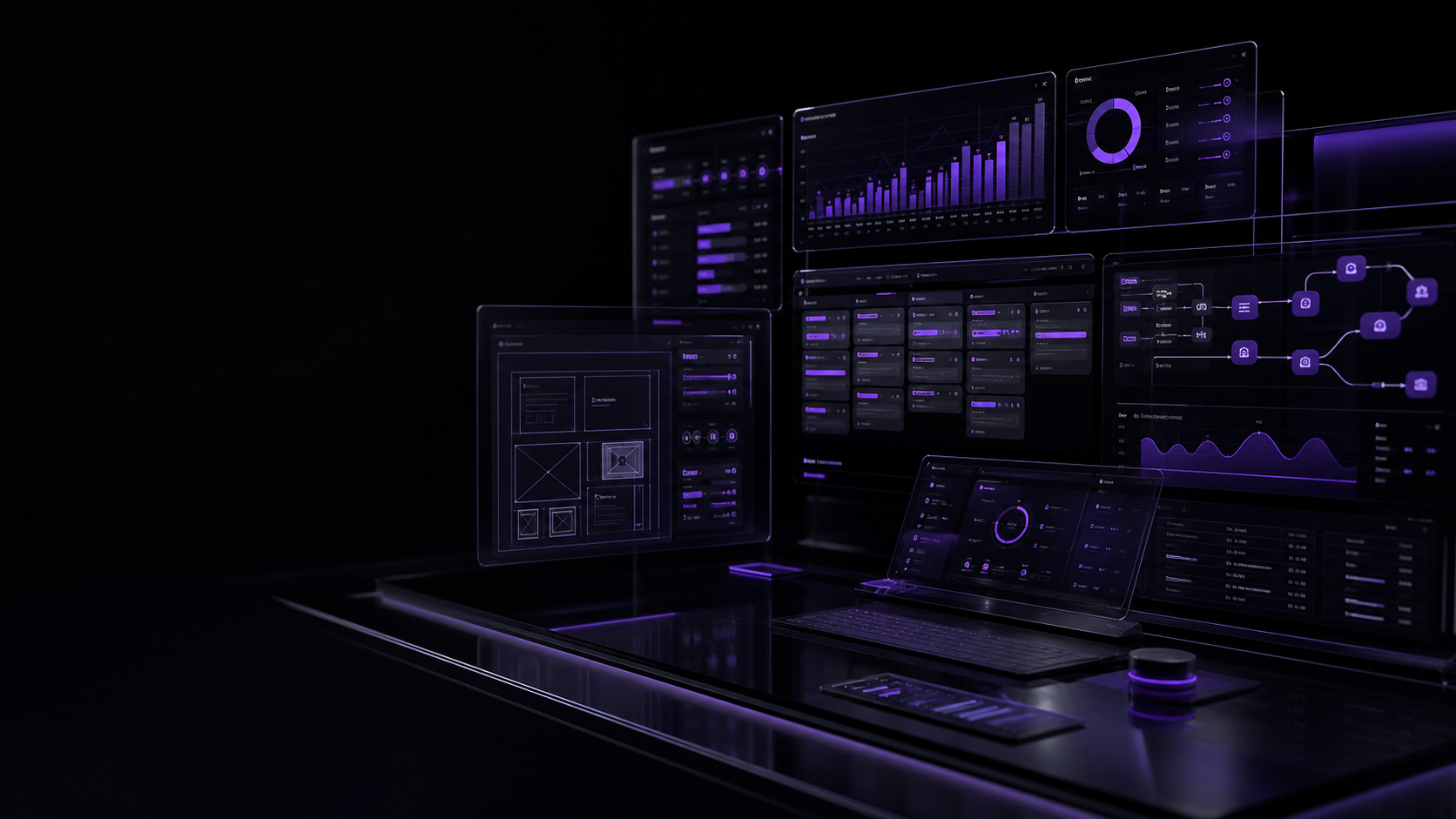 Workspace conceitual do Radar Quaerion com painéis de métricas, tarefas priorizadas e fluxo de evidências