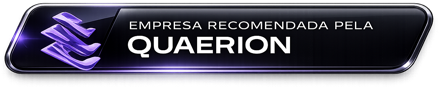 Selo retangular escuro com o símbolo da Quaerion e os dizeres “Empresa recomendada pela Quaerion”.